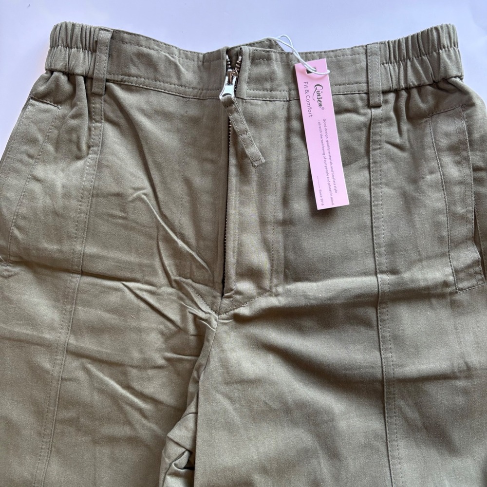 Qinsen Women's Small Olive Green High‎ Waist Wide Leg Cargo Pants Elastic NWT - Picture 4 of 10